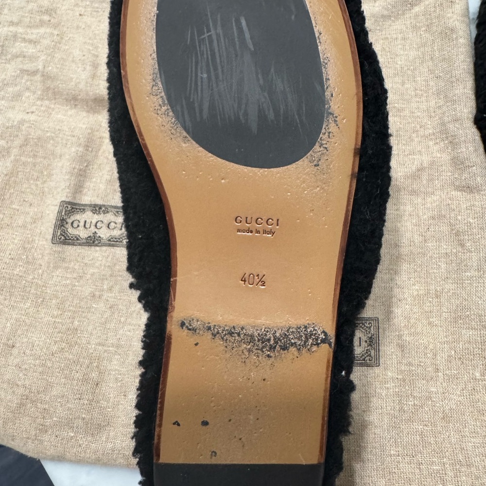 Gucci Black Fuzzy Slip-On Mules with Tan Leather Soles - Picture 5 of 7